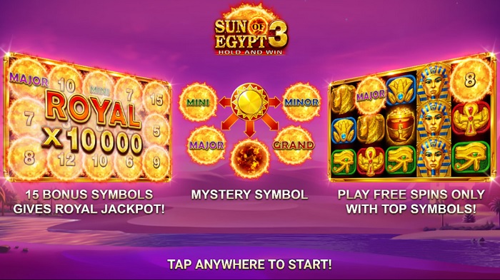 Start Screen. Sun of Egypt 3 slot machine from Hugewin.